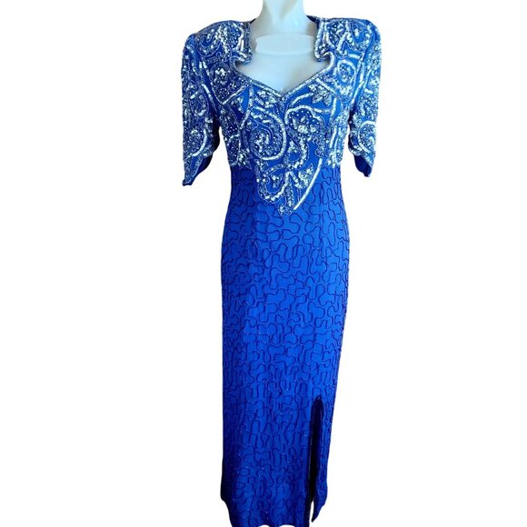 XL Vintage Dress Blue Sequined Evening Gown Maxi Intricate Beading 100% Silk 90s - Picture 1 of 7
